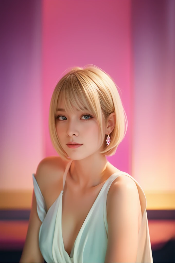 blond woman with short hair and white dress sitting on a chair, lofi portrait, artwork in the style of guweiz, kawaii realistic portrait, inspired by Yanjun Cheng, 8k artgerm bokeh, soft portrait shot 8 k, ilya kuvshinov. 4 k, anime style portrait, nft por...