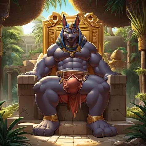 Male duo, stocky Anubis sitting in throne, sexy, thick body, loincloth bulge, meek fox slave sitting in lap, three-quarters angle, open-air temple, lush oasis background, by Arashi Takemoto