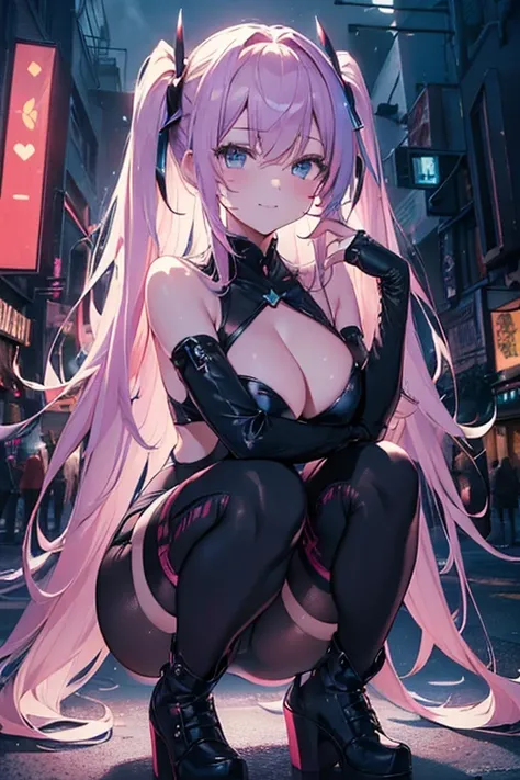 (Masterpiece,Super Detail,in 8K,best composition,moody lighting,photorealsitic,dynamic shot:1.5),Hatsune Miku,dangerous vampire,adult sexy body,light blue twin tail,smile slightly,double teeth,small pink heart painting on cheek,pink and black color fashion...