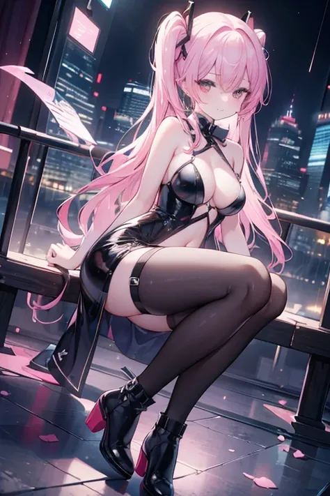 (Masterpiece,Super Detail,in 8K,best composition,moody lighting,photorealsitic,dynamic shot:1.5),Hatsune Miku,dangerous vampire,adult sexy body,light blue twin tail,smile slightly,double teeth,small pink heart painting on cheek,pink and black color fashion...