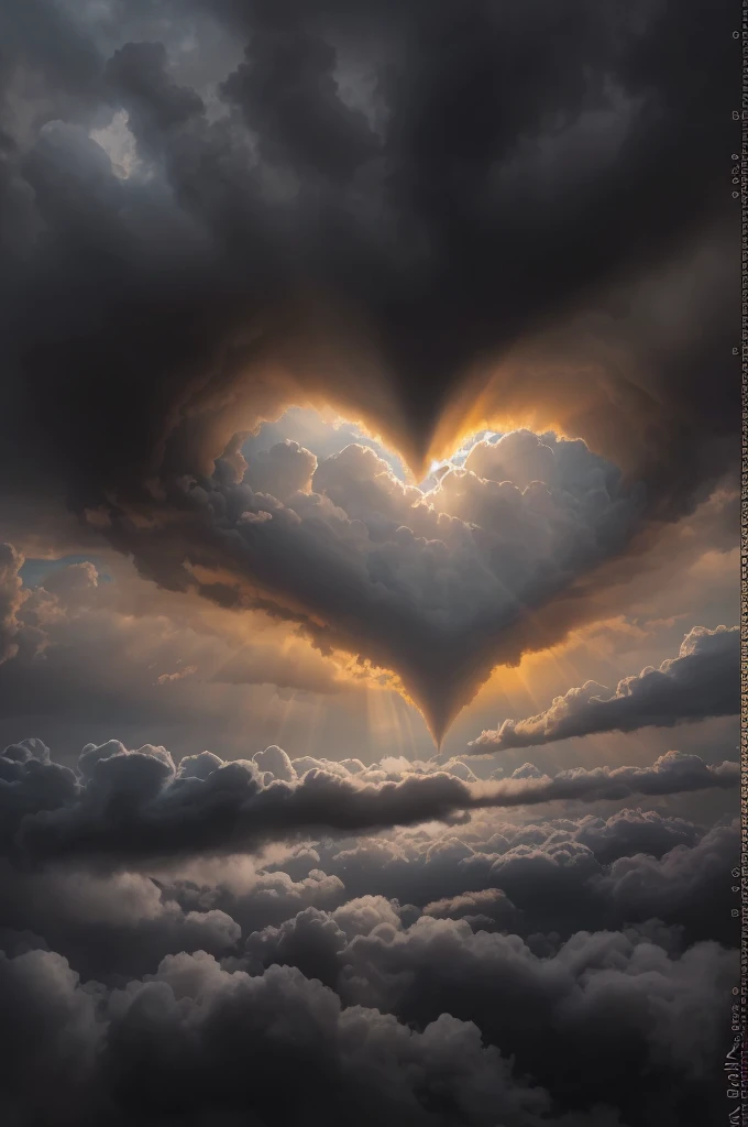 Depict a scene of a heart, shrouded in dark clouds, symbolizing despair and sadness. Yet, piercing through the gloom, a single ray of sunlight graces the heart, representing hope and the possibility of change. This image is best conveyed in a raw, realisti...