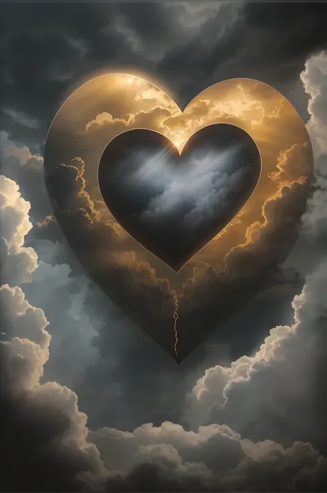 Depict a scene of a heart, shrouded in dark clouds, symbolizing despair and sadness. Yet, piercing through the gloom, a single ray of sunlight graces the heart, representing hope and the possibility of change. This image is best conveyed in a raw, realisti...