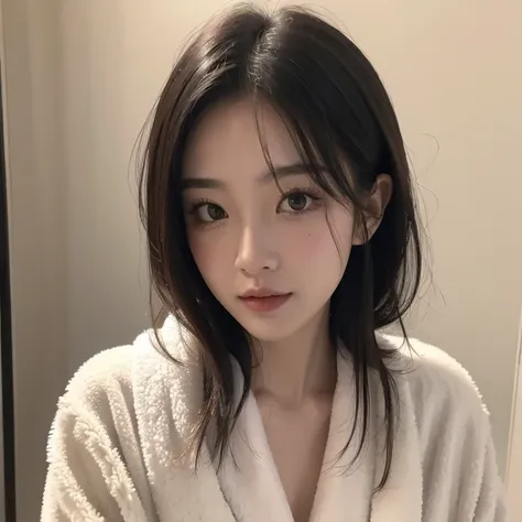 highest quality，28-year-old female，Height: 164 cm，Bust 96cm，My hair is wet after the bath，Wearing a bathrobe，The front of her bathrobe is wide open.，Looking at the camera