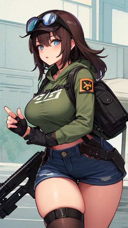 solo thick figure thick thighs ultra breast size ultra hip size blue eyes tan skin girl short dark brown messy hair wear fingerless gloves wear short crop top hoodie wear short crop jean ripped wear holster wear black stocking holding a rifle on hands wear...