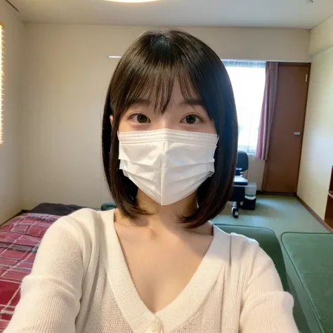 Bob Hairstyle、selfie from above、More natural selfies、Selfie taken with an iPhone、((Selfie style in my room)),((student))、((very young))、((very cute))、((So adorable))、((Please wear a white non-woven mask)),highest quality, masterpiece, Ultra-high resolution...