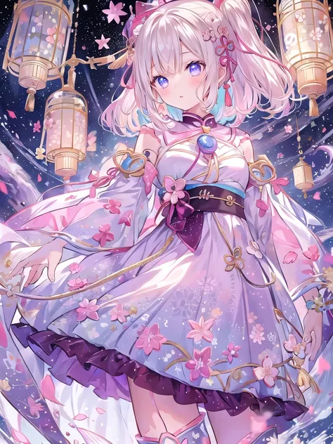 1girl、vtuber-fullbody、Star Fairy、Masterpiece、Official Art、Super detailed、super beautiful、かわいいStar Fairy、white straight short hair、Milky Way、universe、star charm、Star、Baby Face、Knee-high boots、Japanese pattern dress、A beautiful girl wearing black and white c...