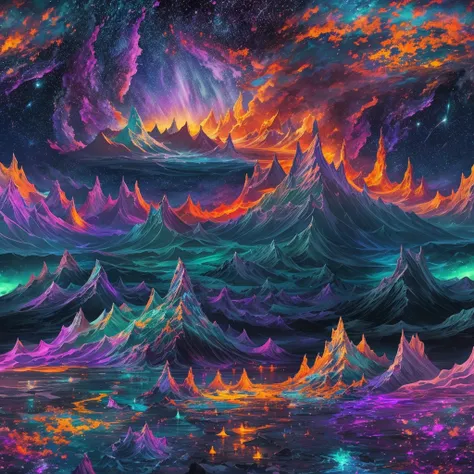 Computer graffique, realistic fantasy, ultra-landscape, colorful landscape, three-dimensional colorful drawing, ultra-current, ultra-detailed, the world inside the bottle, inside the ocean (ultra-detalized), shore (ultra-detalized), erupting volcano (ultra...