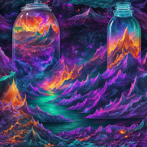 Computer graffique, realistic fantasy, ultra-landscape, colorful landscape, three-dimensional colorful drawing, ultra-current, ultra-detailed, the world inside the bottle, inside the ocean (ultra-detalized), shore (ultra-detalized), erupting volcano (ultra...