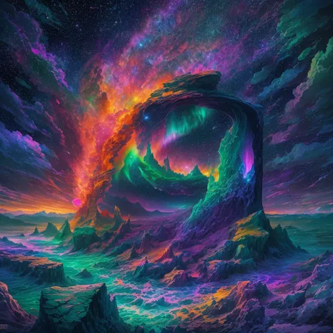 Computer graffique, realistic fantasy, ultra-landscape, colorful landscape, three-dimensional colorful drawing, ultra-current, ultra-detailed, the world inside the bottle, inside the ocean (ultra-detalized), shore (ultra-detalized), erupting volcano (ultra...