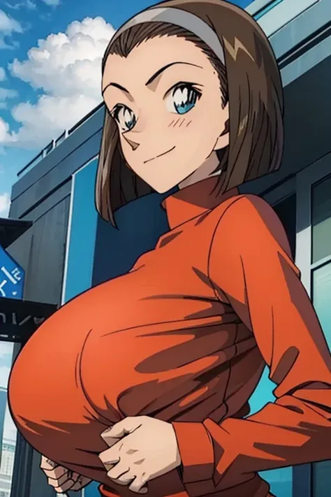 looking at the camera、When I Look at You、lookatviewer、Anime Style、Eroge、1 girl,  (Huge breasts:1.5)、((Light grey long sleeve T-shirt))、Low Angle、Brown haired, hair band、bob hair、The forehead is visible、blush, bangs,round chest、smile、((whole body))、(From th...