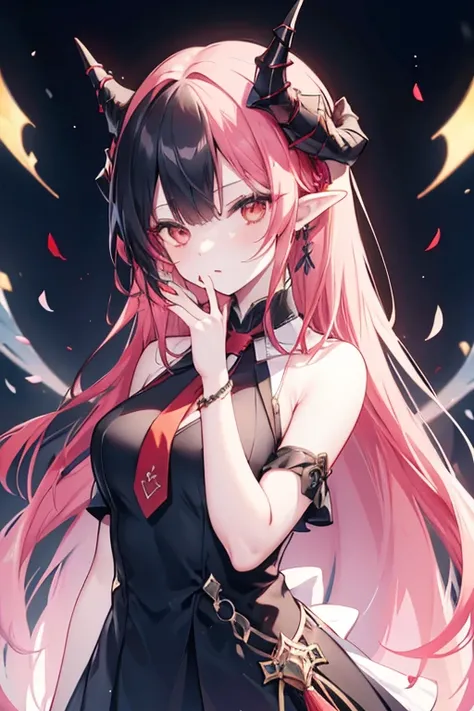 best quality, masterpiece, highres, solo, {dusk_arknights:1.15}, black_hair, horns, long_hair, pointy_ears, dragon_horns, multicolored_hair, jewelry, earrings, red_eyes, sleeveless, colored_skin, streaked_hair, breasts, dragon_girl, necktie, red_necktie, v...