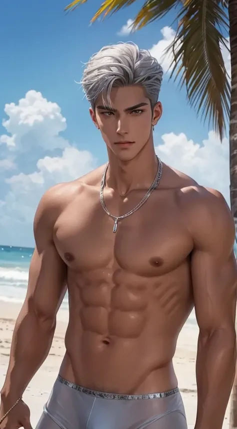 1 boy,Handsome，tall and strong,perfect male figure, eyes looking at camera, shirtless . Wearing an underwear thong ((tanned skin)),beach，silver hair,serious expression,necklace,Ray tracing