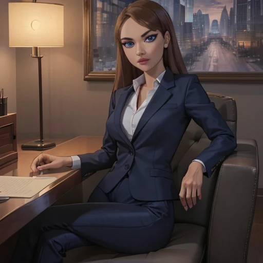 (masterpiece, high quality) woman, formal business suit, shirt, pants, solo , looking at viewer, perfect face, suits Navy blue, crystal blue eyes, eyelashes, makeup, sitting on a leather black luxurious sofa, office, skyscraper, full body, she is the boss,...