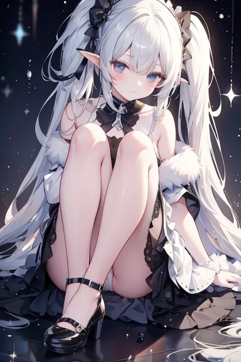 best qualityer，tmasterpiece，Ultimate resolution，downy，Extremely colorful，Colorful，Elven girl，Well-behaved and cute，full bodyesbian，Black and white double ponytail，Lolita long dress， Long legs with two white stockinguffin shoes，closeup of face