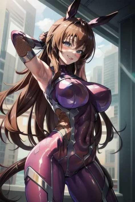 hmmr1, maruzensky (umamusume), asagioutfit, bare shoulders, purple gloves, skin tight, shiny clothes, impossible bodysuit, purple bodysuit, sleeveless, fishnets, elbow gloves, shiny,arms behind head ,smile,standing,three ,cowboy shot