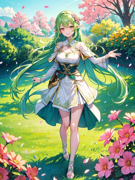green elf girl in the middle of flower garden