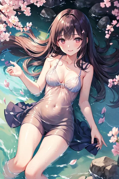 1girl, solo, ((liquid clothes)),n(water), water drop, small breasts, see-through_dress,ncherry blossoms,, falling petals, cleavage,  from above,nshuimo, river, bare legs, light smile, (splashing),