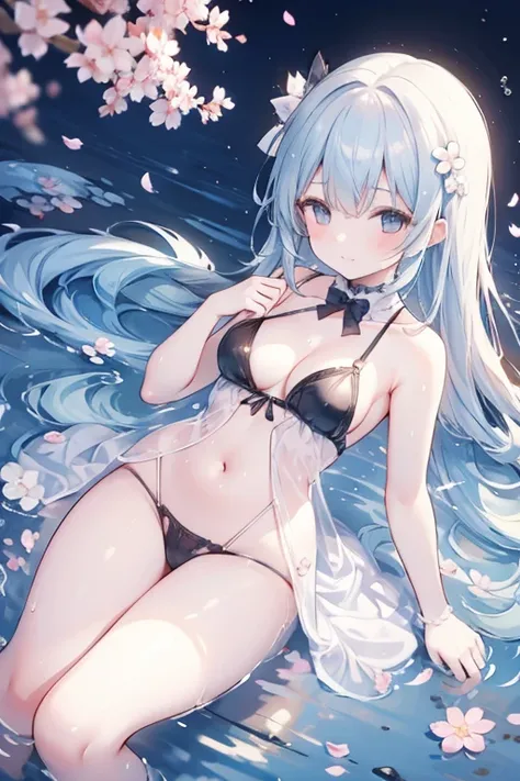 1girl, solo, ((liquid clothes)),n(water), water drop, small breasts, see-through_dress,ncherry blossoms,, falling petals, cleavage,  from above,nshuimo, river, bare legs, light smile, (splashing),