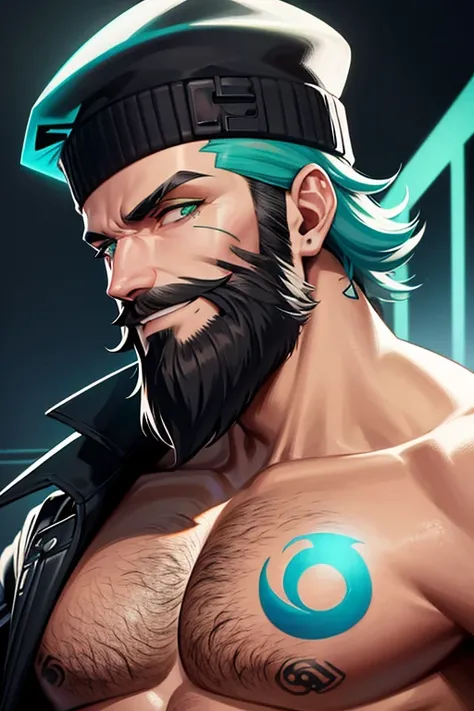 Create a bearded man based on the video game "Cyberpunk". Der Mann hat kurzes Haar. He has green eyes. He is tattooed all over his body. Seine Haarfarbe ist blau. he smiles.