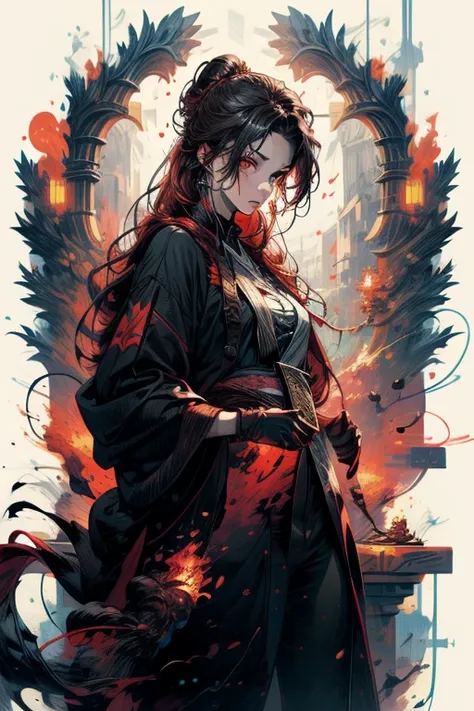 (artwork+masterpiece:1.4), (1girl) (fire hair:1.3), (shimmering red eyes:1.2), white skin, long hair, burning scenery, wearing black robes and gloves on her hands.