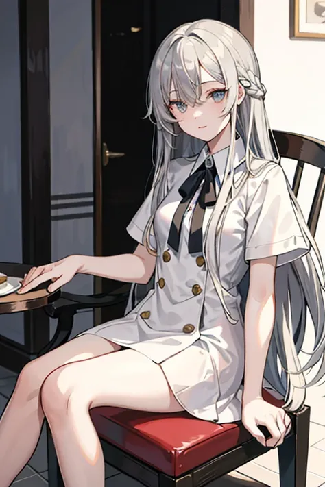 ((highest quality)), ((masterpiece)), (detailed), Perfect Face，Very long hair，Hair on one eye，Half Up，Skinny body，，Gray Hair，Sit on a chair