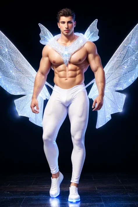 Full body photorealistic handsome hunky masculine Fairy Guardian of Lights, white diamond shiny crystal transparent glass spandex and big wide massive sparkling luminous silk wings, glowing white eyes, aesthetic muscular full body, intricate details,soft s...