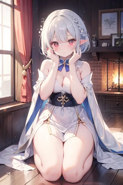 (masterpiece), one girl, elf, silver hair, red eyes, bob cut, braided hair, ((facing front)), ((putting both hands on ones face)), ((surprised)), (blush), fantasy style costume, wizard, robe, long skirt, tights, indoors, kneeling, concept art, beautiful an...