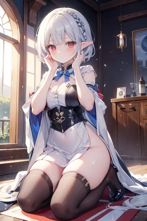 (masterpiece), one girl, elf, silver hair, red eyes, bob cut, braided hair, ((facing front)), ((putting both hands on ones face)), ((surprised)), (blush), fantasy style costume, wizard, robe, long skirt, tights, indoors, kneeling, concept art, beautiful an...