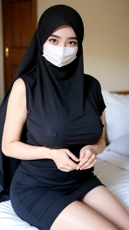  a beautiful young woman hijab, (((super big breast))), (very big breast covered),Large open neckline、thigh legs, perfect face, (((very huge big breast,))), curvy shaped body, 
cleavages,((( Gigantic Breast))) long sleeveless dress muslim, (((covering mout...