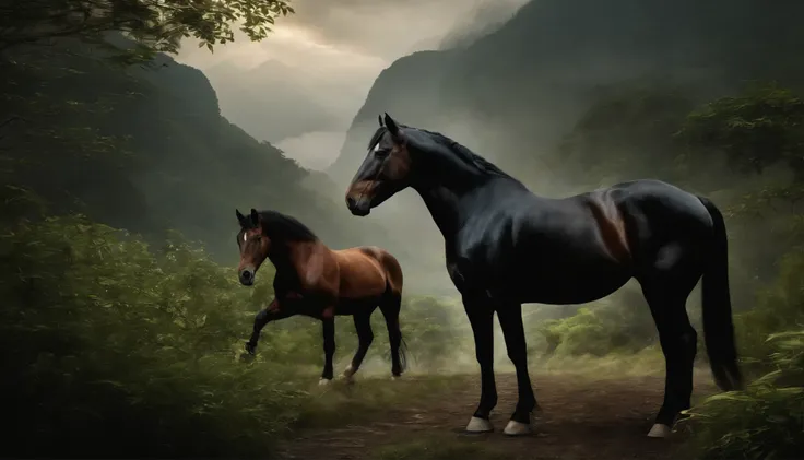 A horse and A Bull standing majestically amidst the bamboo forest of the mountains. The horse and bull has a glossy black coat that shimmers in the dim light. Its muscular body is outlined against the misty backdrop of the mountains. The horses eyes, full ...