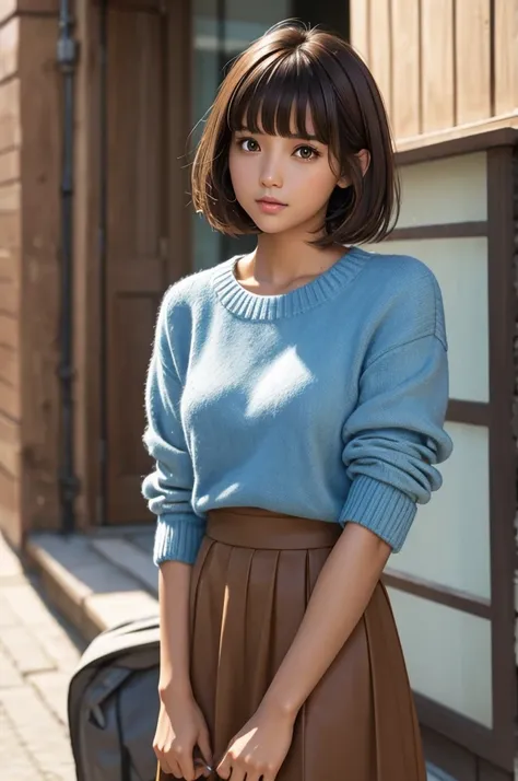 brown hair　tanned skin　Looking up　Short hair with bangs　Easy-going face　Girl　Blue Jumper Skirt　live-action