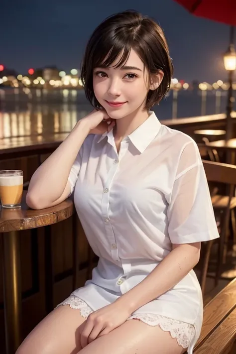 (8k, highest quality, masterpiece: 1.2), (Realistic, Realistic: 1.37), Very detailed, 1 girl, cute, alone, Beautifully detailed skies, Detailed Cafe, night, Sitting, date, ( Red nose), (smile: 1.15), (Close your mouth) Small breasts, Beautiful details, (Co...