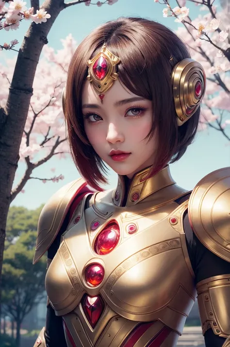 Beautiful Japan young woman, Wearing robot armor made of gold, Thick symmetry features, Very short hair, Background with cherry blossoms, Pink Halo, Red lips, Octane Rendering,