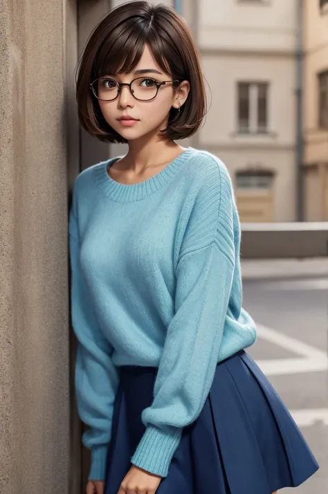 brown hair　tanned skin　Looking up　Very short hair with bangs　Easy-going face　Girl　Blue Jumper Skirt　live-action　Glasses