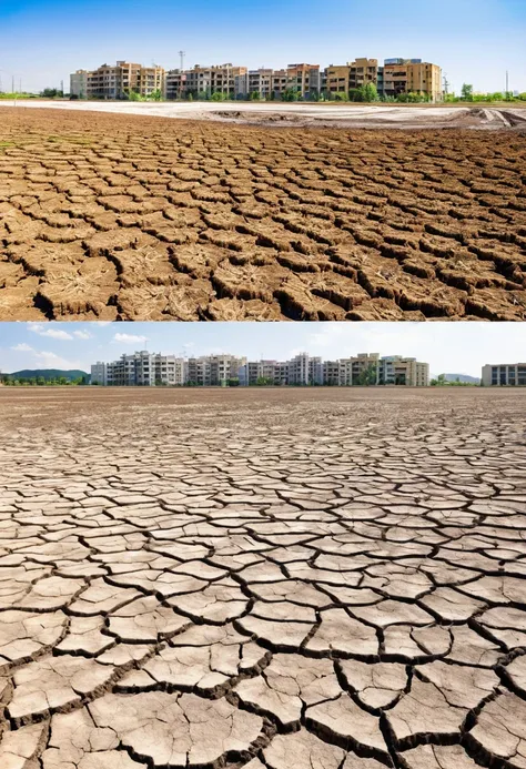 Nature half image, dried land with lot buildings half image