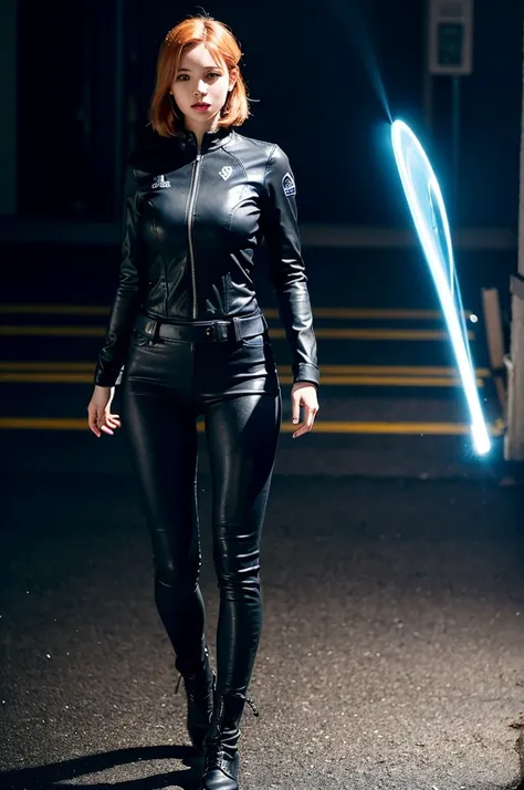 full-body shot, Sharp ratio shots, Beautiful woman, 26 years old, Wearing modern tight bulletproof leather jacket, Wear body armor, black and gray, The armor comes with a retractable metal headdress，Symbolizes the helmet, With a futuristic metal backpack, ...