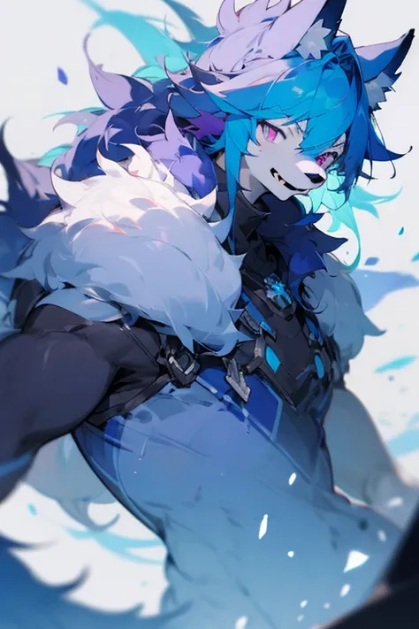 Furry wolf Emerald colored fur blue hair purple eye