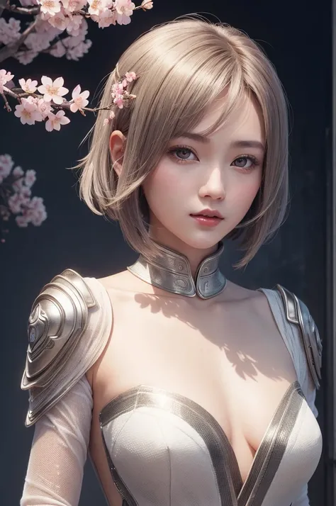 Beautiful Japan young woman, Wearing silver protective suit, Thick symmetry features, Very short hair, Background with cherry blossoms, Pink Halo, Red lips, Octane Rendering,