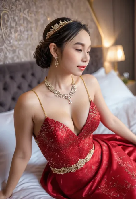 1 girl,8k, masterpiece,on bed, small Diamond necklace,gold and red sexy wedding dress,cleavage of the breast,Medium breasts,White skin glows,look at viwer