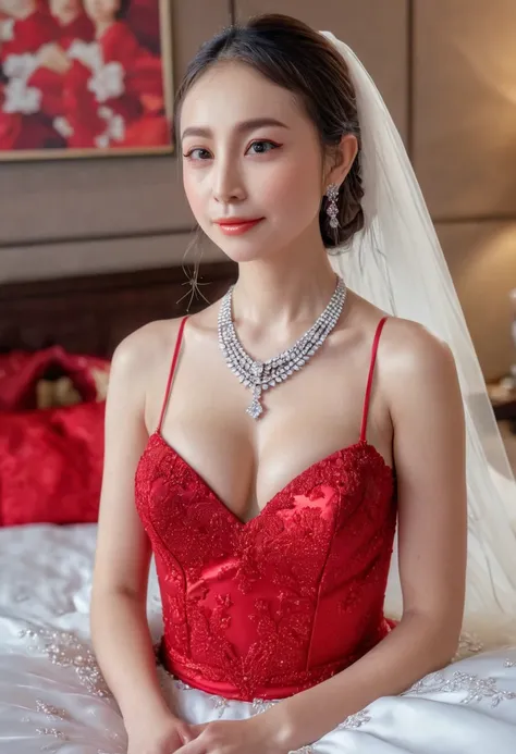 1 girl,8k, masterpiece,on bed, small Diamond necklace,red and white sexy wedding dress,cleavage of the breast,Medium breasts,White skin glows,look at viwer