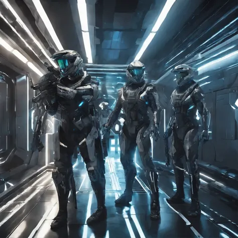 three men in futuristic suits with guns in a hallway, epic scifi character art, epic sci - fi character art, epic sci-fi character art, futuristic soldier, sci-fi soldier, expert high detail concept art, cyberpunk imperial military, diverse cybersuits, rob...