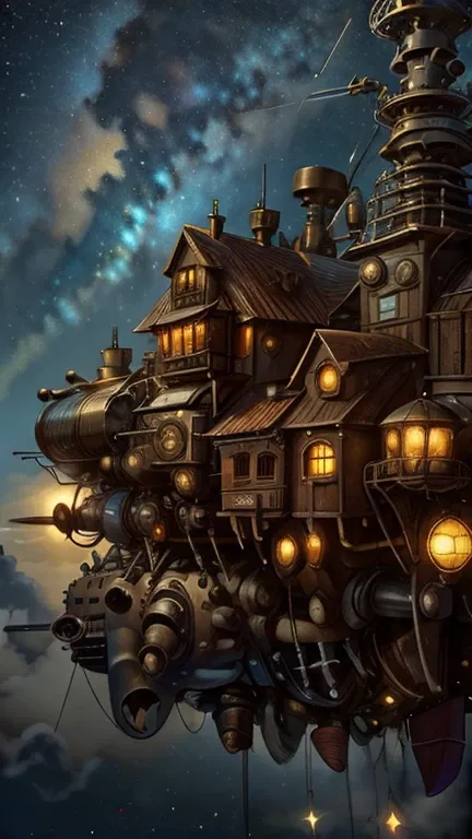 background picture, starry sky, steampunk, floating building, (large propellers), gear, pipe, bulbs