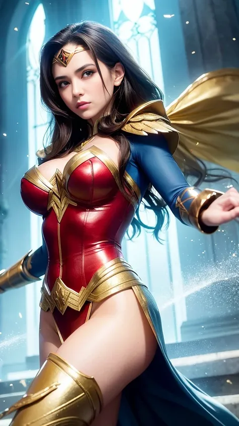 A brunette with big hair dressed like Wonder Woman is an image of strength, coragem e beleza. Here is a description of her wearing this costume:

She enters the scene with an imposing and confident presence, wearing the iconic Wonder Woman costume. Seu tra...