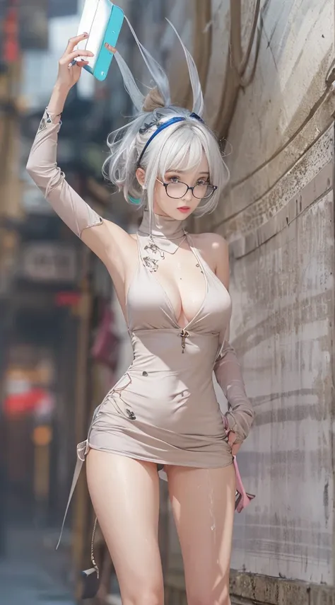 ridiculous resolution, Ultra Detailed, best quality, illustration, 8k, Ultra-high resolution, White hair、Pixie short、forehead、Glasses、short、Tiny、Needle and Midnight、 Slender, Cum in ,Straight Hair、short hair, Glasses , (((Sweat)))、turtleneck dress、skin、sti...