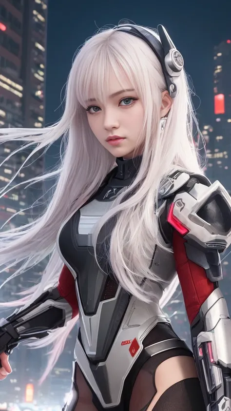 (8k, masterpiece, best quality), Super detailed, Delicate and beautiful round eyes, Facial details are exquisite, high quality, high resolution, Cyberpunk Girl, , Mecha, ruins, Perfect anatomical structure, white hair, perfect face, at night, Red moon back...