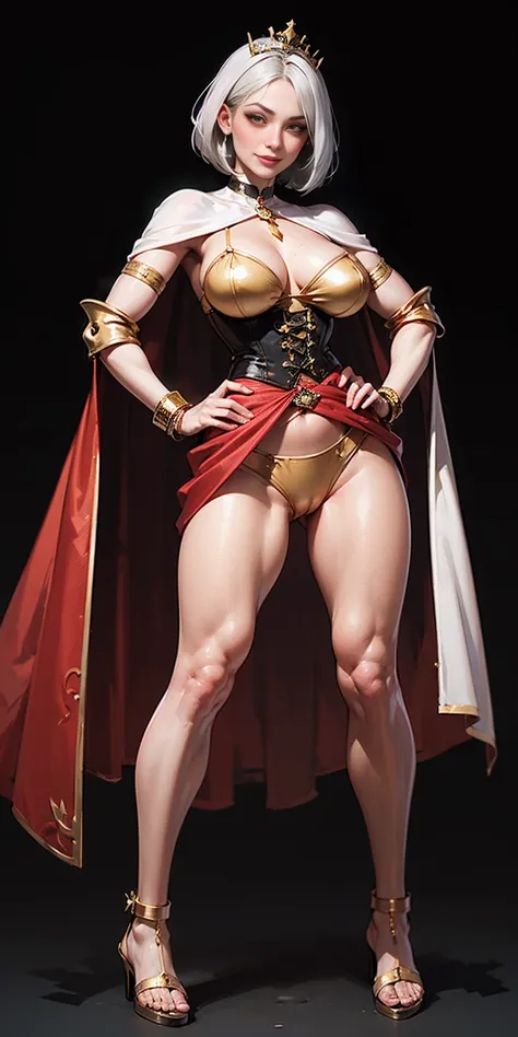 ((BLACK BACKGROUND,1:2, masterpiece)), full body MILF BIMBO standing with two long thighs and two high heels, red eyes, silver white hair, short bob style hair, big breasts, cleavage, separate sleeves, tiara royal, long cape up to two feet, yellow bikini, ...