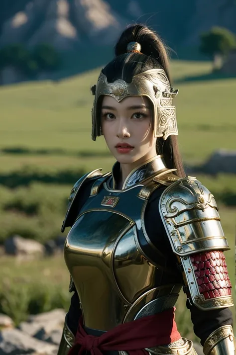 Game Art，Best picture quality，Maximum resolution，8k，(A bust photo)，(portrait)，(Head close-up)，(Rule of Thirds)，Unreal Engine 5 rendering works， (Future Girl)，(Female Warrior)， 
20-year-old girl，(ancient chinese warrior)，Eyes full of details，(Large Breasts)...