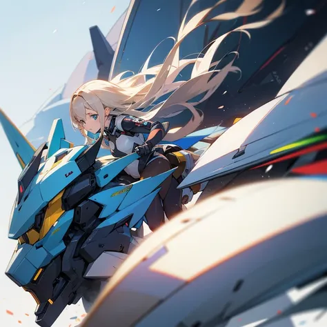 Please draw a beautiful girl riding a mecha that moves by synchronizing her body.