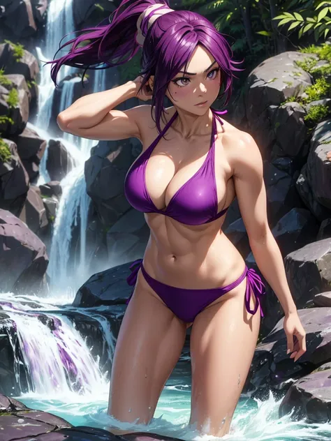 （8k, RAW photos, minino：1.1） ，female，（looki at viewer company），cowboy lens，Japanese，yoruichi shihouin/ (bleach），（purple bikini：1.1），La Brett Piercing，cleavage，(((purple bikini)))，Be red on the face, full body photo, standing, seductive, lean, muscular legs...