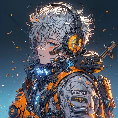 1 teenager、Handsome face、Ultra-detailed eye、Shortcuts、highest quality、Masterpiece、Official Art、8k,Cowboy Shot、A picture facing the viewer、Gray Hair、Blue base with orange highlights、Fluorescent orange headphones、cyber punk、Spacesuit、Laser gun on the back、